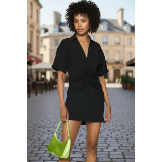 Noisy May Black Short-Sleeve Ruched Polo Dress Size M
