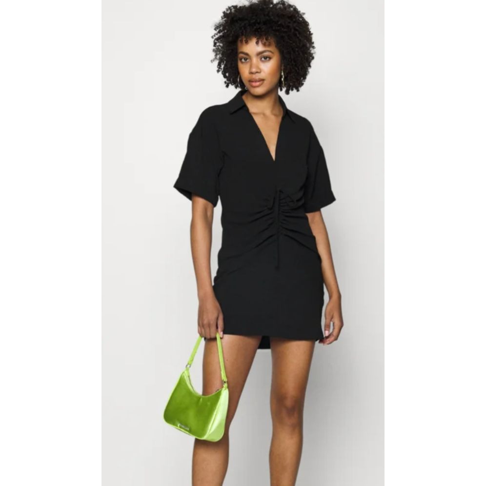 Noisy May Black Short-Sleeve Ruched Polo Dress Size M