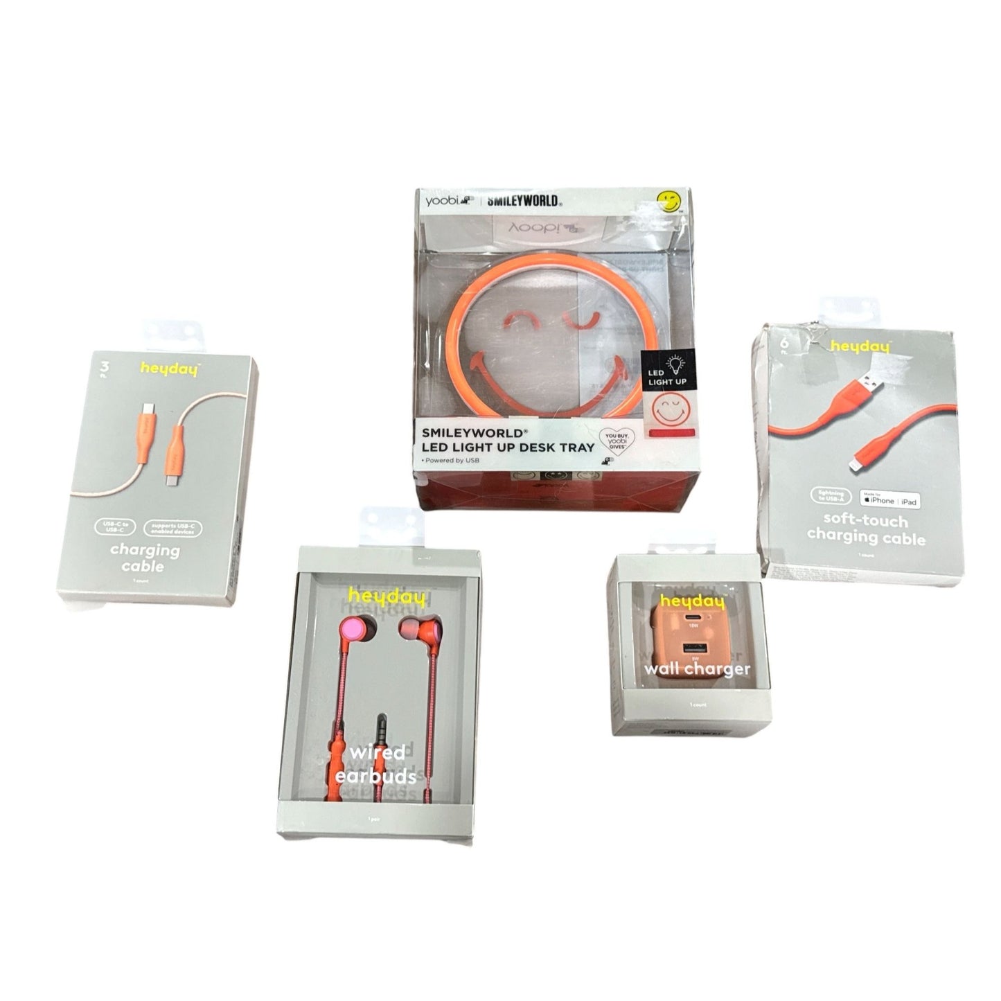 Set of 5 Heyday & Smileyworld Tech Accessories Bundle: Wired Earbuds, USB-C/A Cables, Lightning Cable, Wall Charger, LED & Desk Tray
