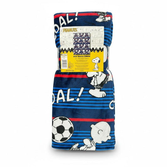 Peanuts Snoopy Soccer Silk Touch Throw Blanket 40" X 50" Blue Red Stripes Goal Design