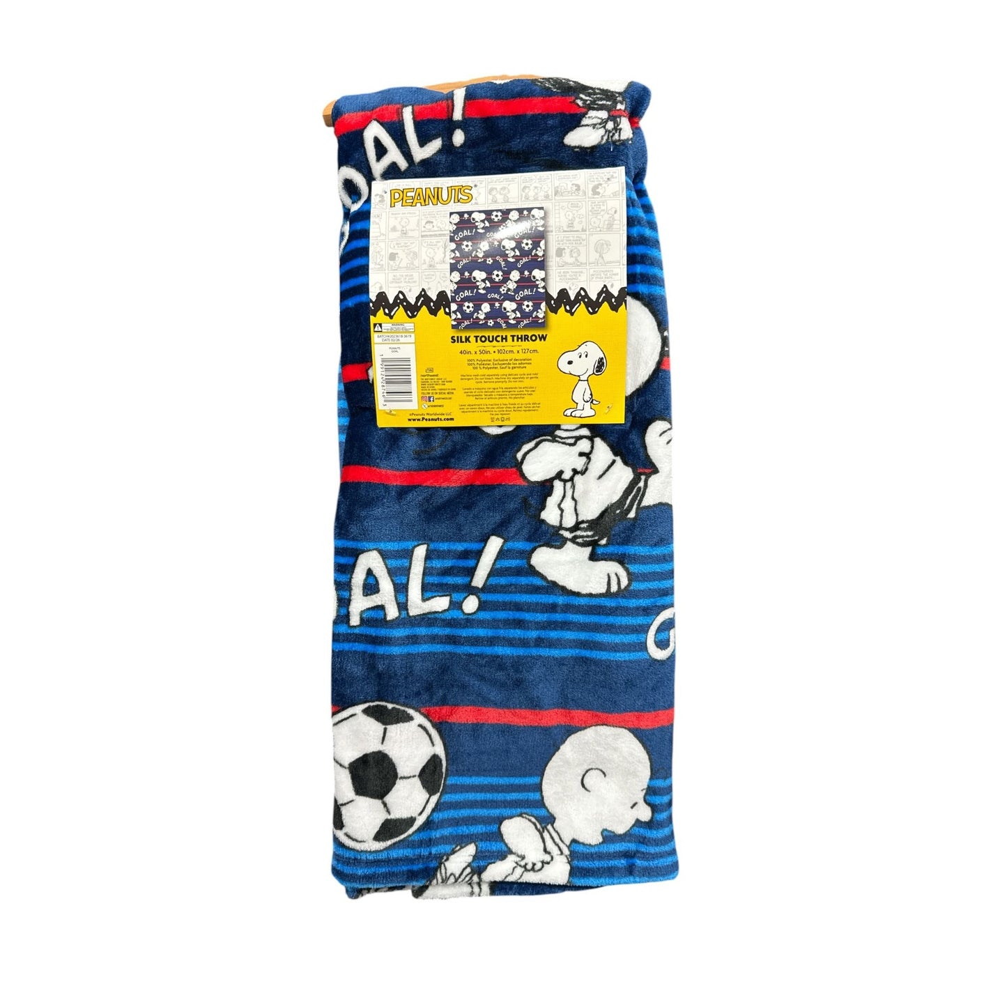Peanuts Snoopy Soccer Silk Touch Throw Blanket 40" X 50" Blue Red Stripes Goal Design