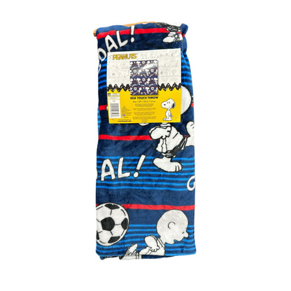 Peanuts Snoopy Soccer Silk Touch Throw Blanket 40" X 50" Blue Red Stripes Goal Design