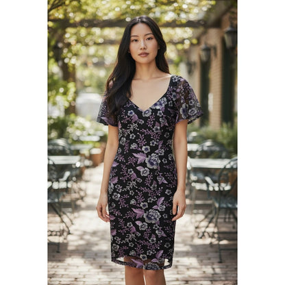 Maggy London Womens Embroidered Floral Mesh Black & Purple Midi Sheath Dress Size 2