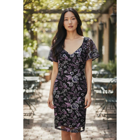 Maggy London Womens Embroidered Floral Mesh Black & Purple Midi Sheath Dress Size 2