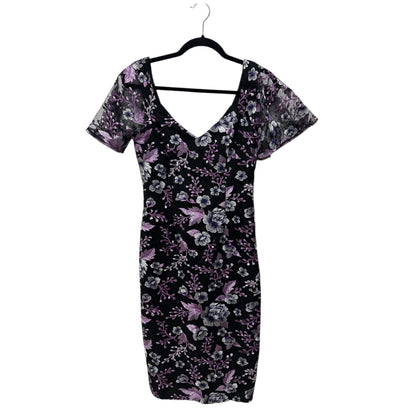 Maggy London Womens Embroidered Floral Mesh Black & Purple Midi Sheath Dress Size 2