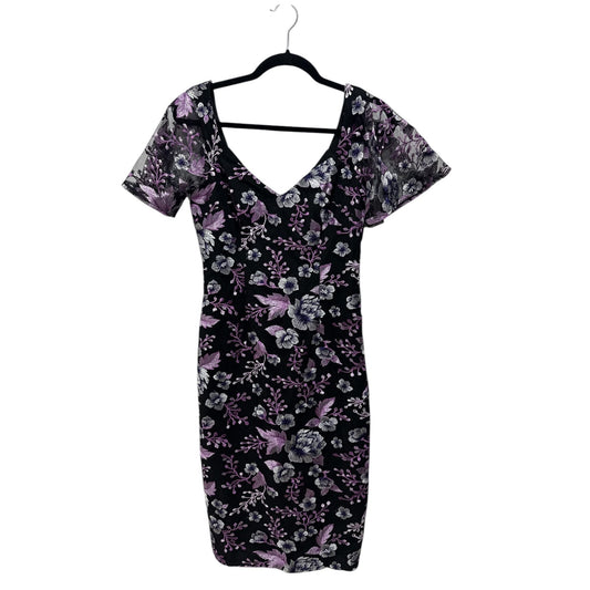 Maggy London Womens Embroidered Floral Mesh Black & Purple Midi Sheath Dress Size 2