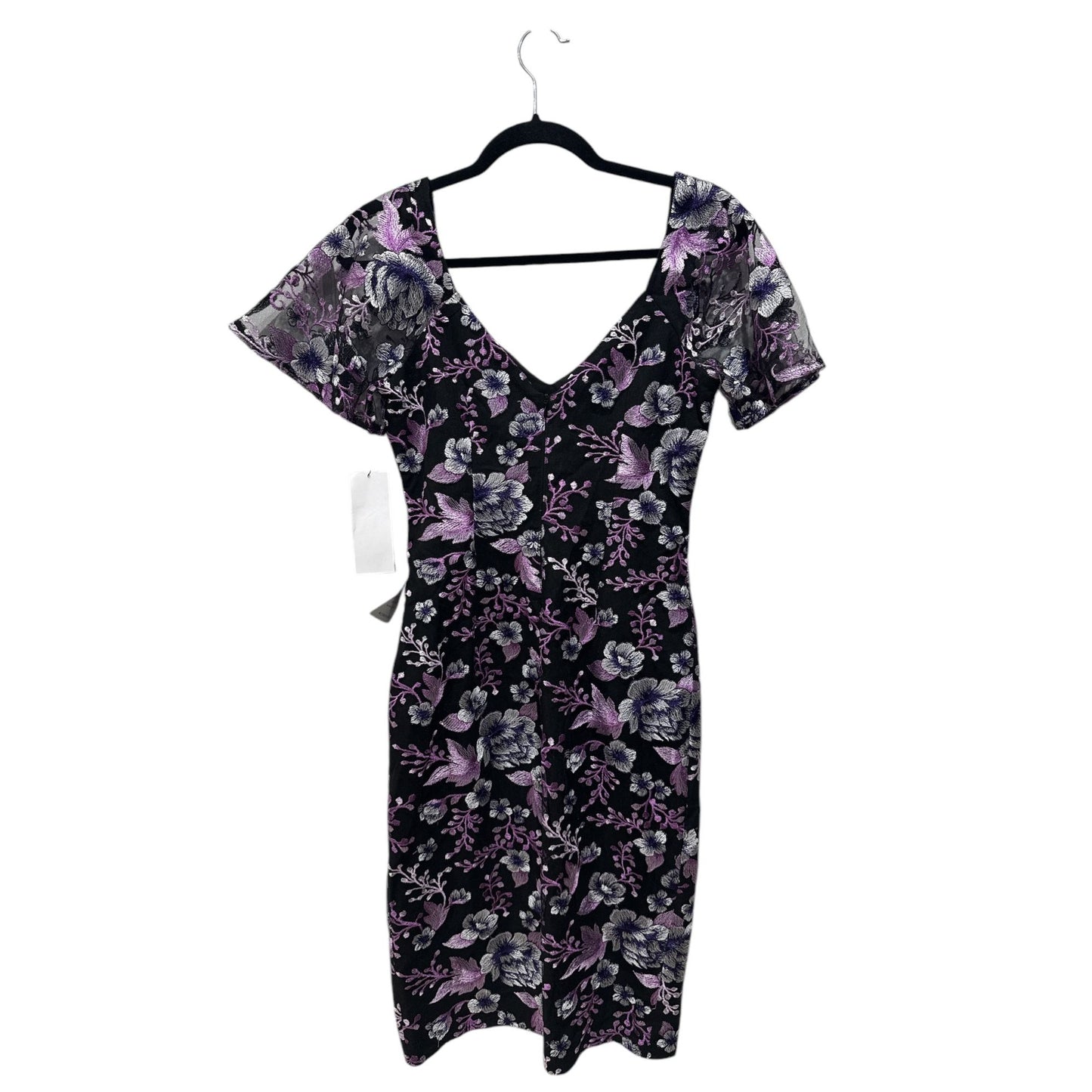 Maggy London Womens Embroidered Floral Mesh Black & Purple Midi Sheath Dress Size 2