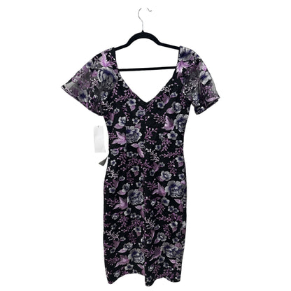 Maggy London Womens Embroidered Floral Mesh Black & Purple Midi Sheath Dress Size 2