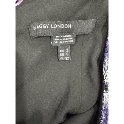 Maggy London Womens Embroidered Floral Mesh Black & Purple Midi Sheath Dress Size 2