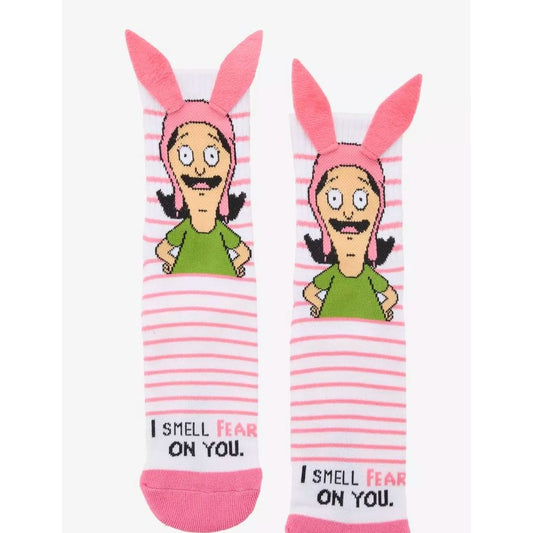 Bobs Burgers Louise Crew Socks With 3D Bunny Ears & "I Smell Fear" Text Design Fits Shoe size 5 - 10