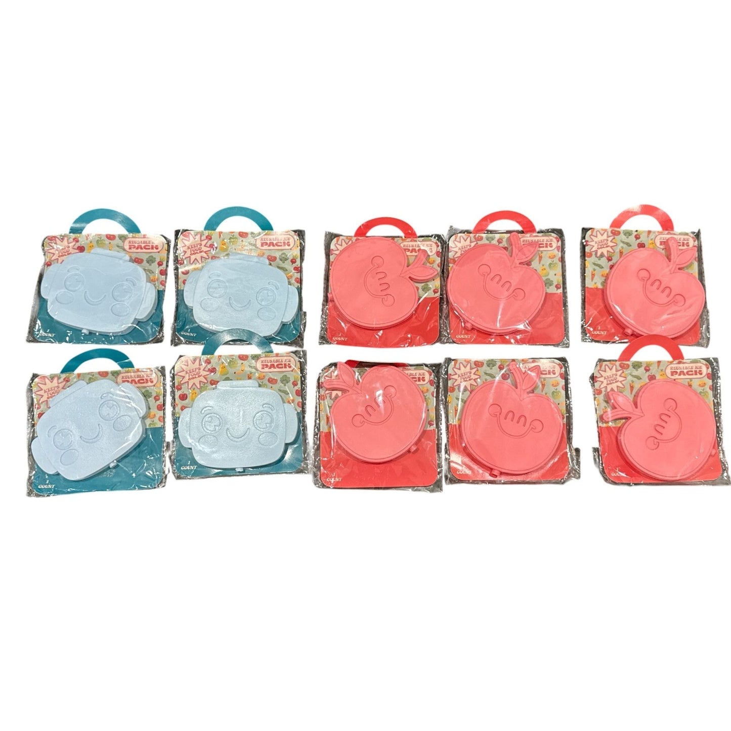 Reusable Ice Packs With Cartoon Designs - 4 Blue Robot Face & 6 Pink Apple Shape - Keeps Food Cold - 10-Pack Kids Lunch Accessory