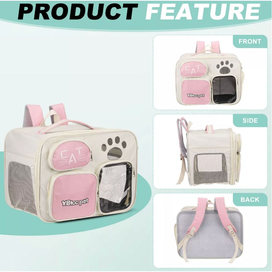Cat Carrier Backpack With Mesh Windows & Pockets For Pets Beige & Pink 15.7"x10.5"x11.8"