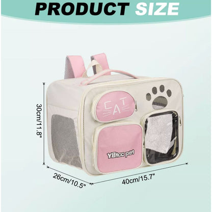 Cat Carrier Backpack With Mesh Windows & Pockets For Pets Beige & Pink 15.7"x10.5"x11.8"