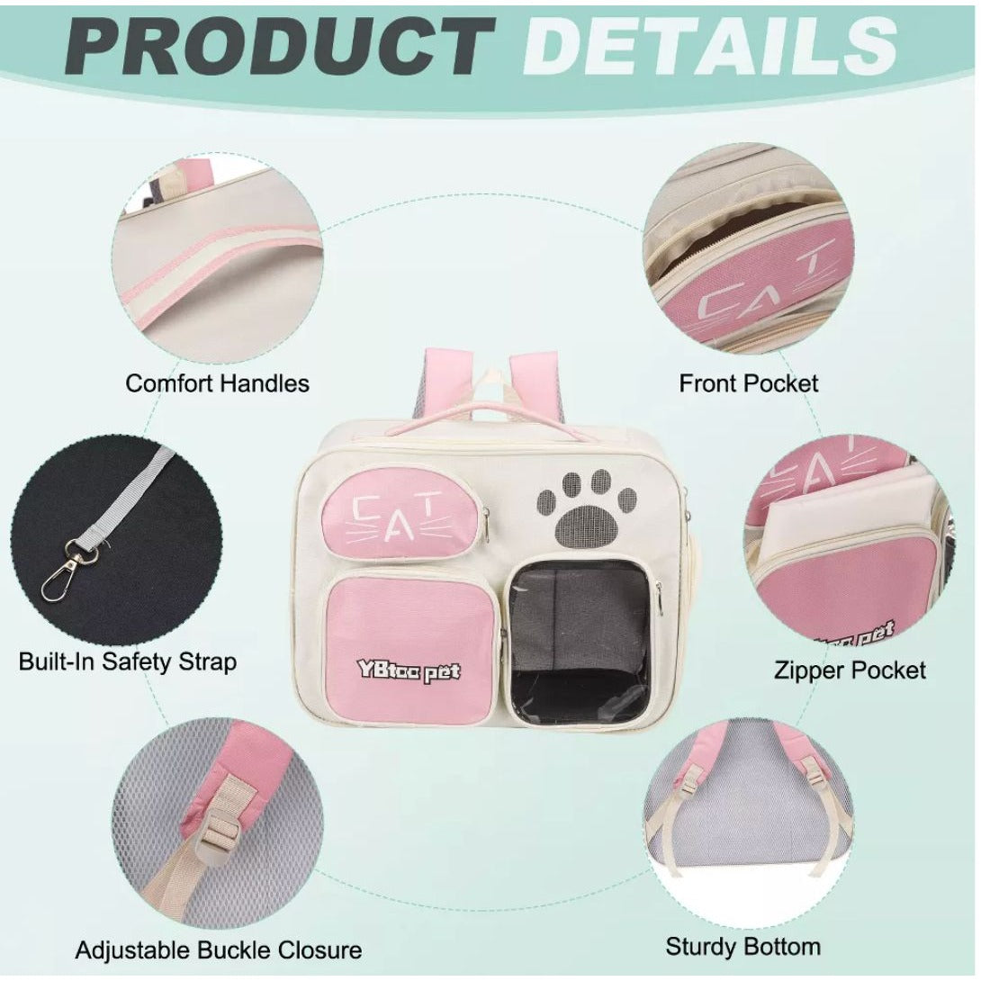 Cat Carrier Backpack With Mesh Windows & Pockets For Pets Beige & Pink 15.7"x10.5"x11.8"