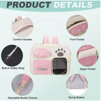 Cat Carrier Backpack With Mesh Windows & Pockets For Pets Beige & Pink 15.7"x10.5"x11.8"