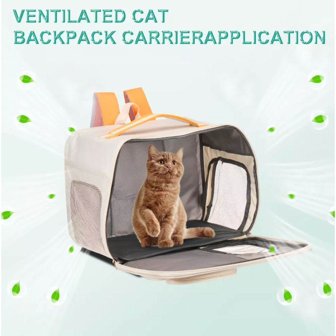 Cat Carrier Backpack With Mesh Windows & Pockets For Pets Beige & Pink 15.7"x10.5"x11.8"