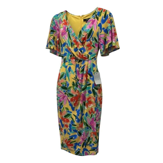 Maggy London Floral Wrap Midi Dress Short Sleeve Yellow Multicolor Size 0