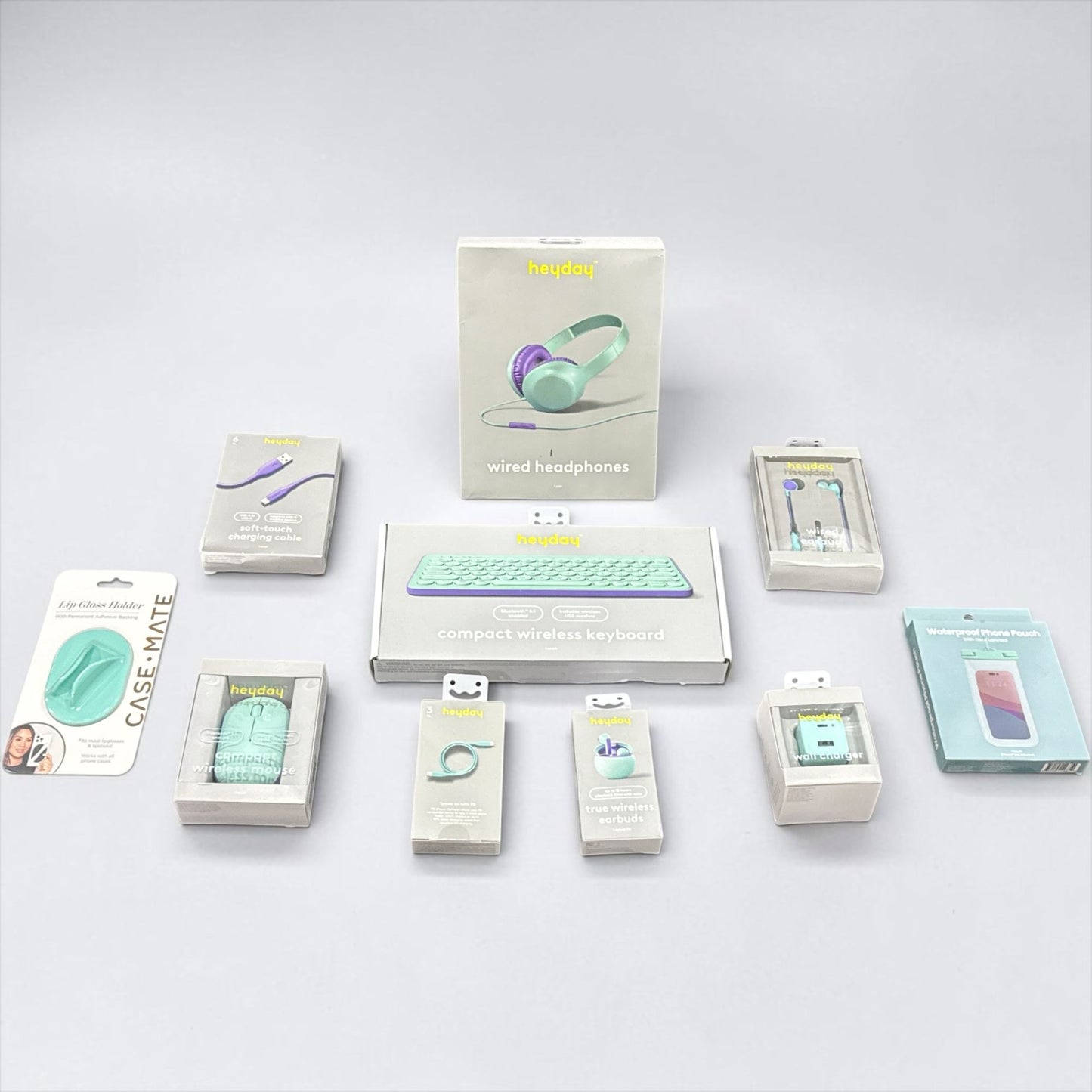 Heyday Tech Accessory Bundle - Wired Headphones, Wireless Keyboard, Earbuds & More - Teal & Purple Colors 10pcs