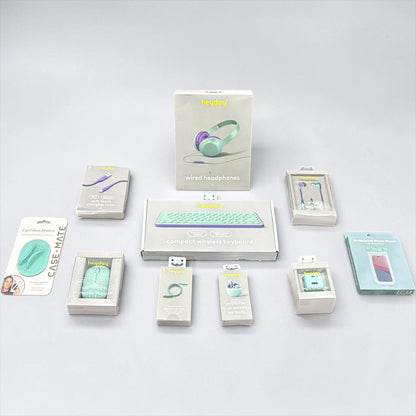 Heyday Tech Accessory Bundle - Wired Headphones, Wireless Keyboard, Earbuds & More - Teal & Purple Colors 10pcs