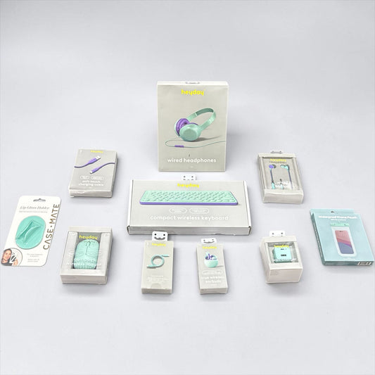 Heyday Tech Accessory Bundle - Wired Headphones, Wireless Keyboard, Earbuds & More - Teal & Purple Colors 10pcs