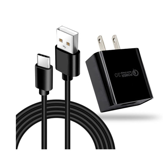 USB-C Charger Adapter With 10FT Cable QC 3.0 Fast Charging USB-A to USB-C Ports Travel-Friendly Black Design