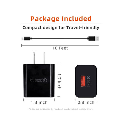 USB-C Charger Adapter With 10FT Cable QC 3.0 Fast Charging USB-A to USB-C Ports Travel-Friendly Black Design