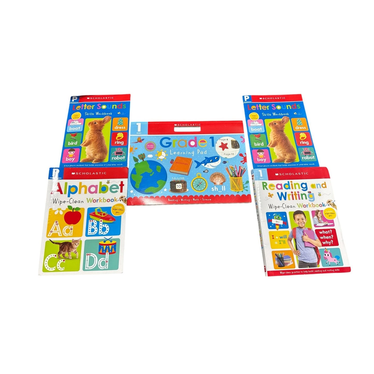 Set of 5 Scholastic Early Learning Workbooks Set Includes Alphabet & Grade Pre-k & 1 Learning Pad Wipe-Clean Skills Practice