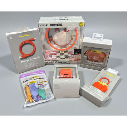 Heyday & SmileyWorld Accessories Bundle: Wall Charger, Charging Cable, LED Tray, Earbud Case Cover, Keychain & Wrap-It Cable Labels