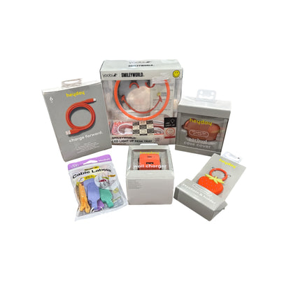 Heyday & SmileyWorld Accessories Bundle: Wall Charger, Charging Cable, LED Tray, Earbud Case Cover, Keychain & Wrap-It Cable Labels