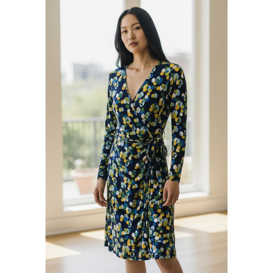 Maggy London Floral Wrap Dress Long Sleeve Navy/Yellow/Green US 6 New With Tags