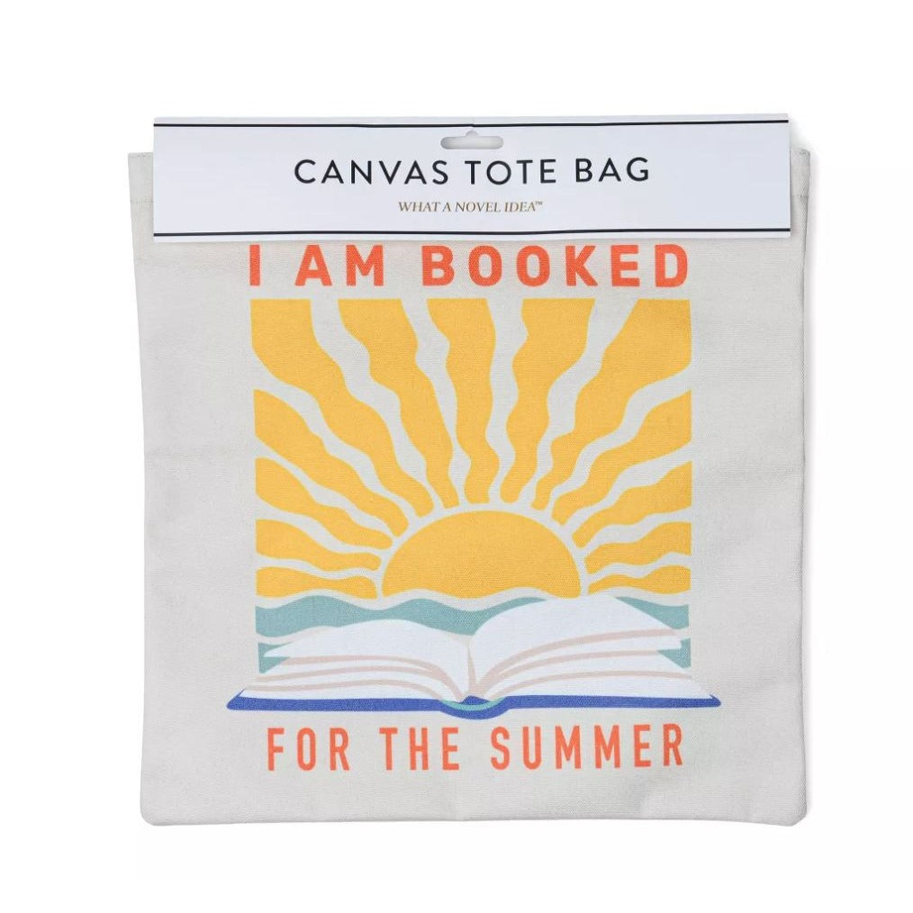 Canvas Tote Bag With "I Am Booked For The Summer" Print, Blue Handles Lightweight & Reusable