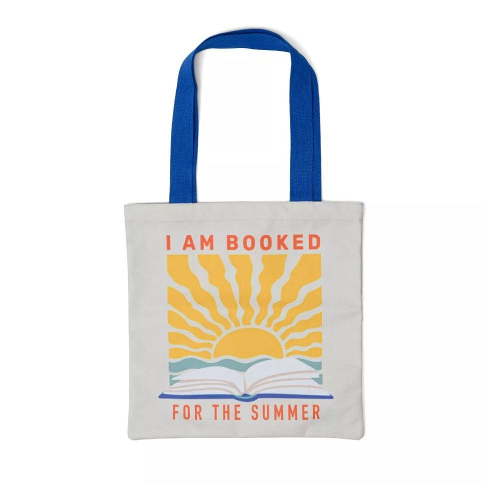 Canvas Tote Bag With "I Am Booked For The Summer" Print, Blue Handles Lightweight & Reusable