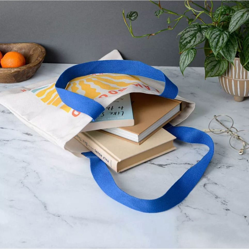 Canvas Tote Bag With "I Am Booked For The Summer" Print, Blue Handles Lightweight & Reusable