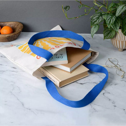 Canvas Tote Bag With "I Am Booked For The Summer" Print, Blue Handles Lightweight & Reusable