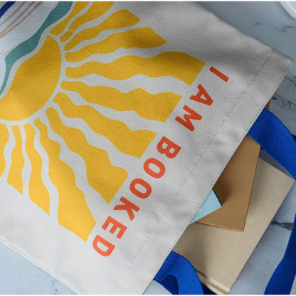 Canvas Tote Bag With "I Am Booked For The Summer" Print, Blue Handles Lightweight & Reusable