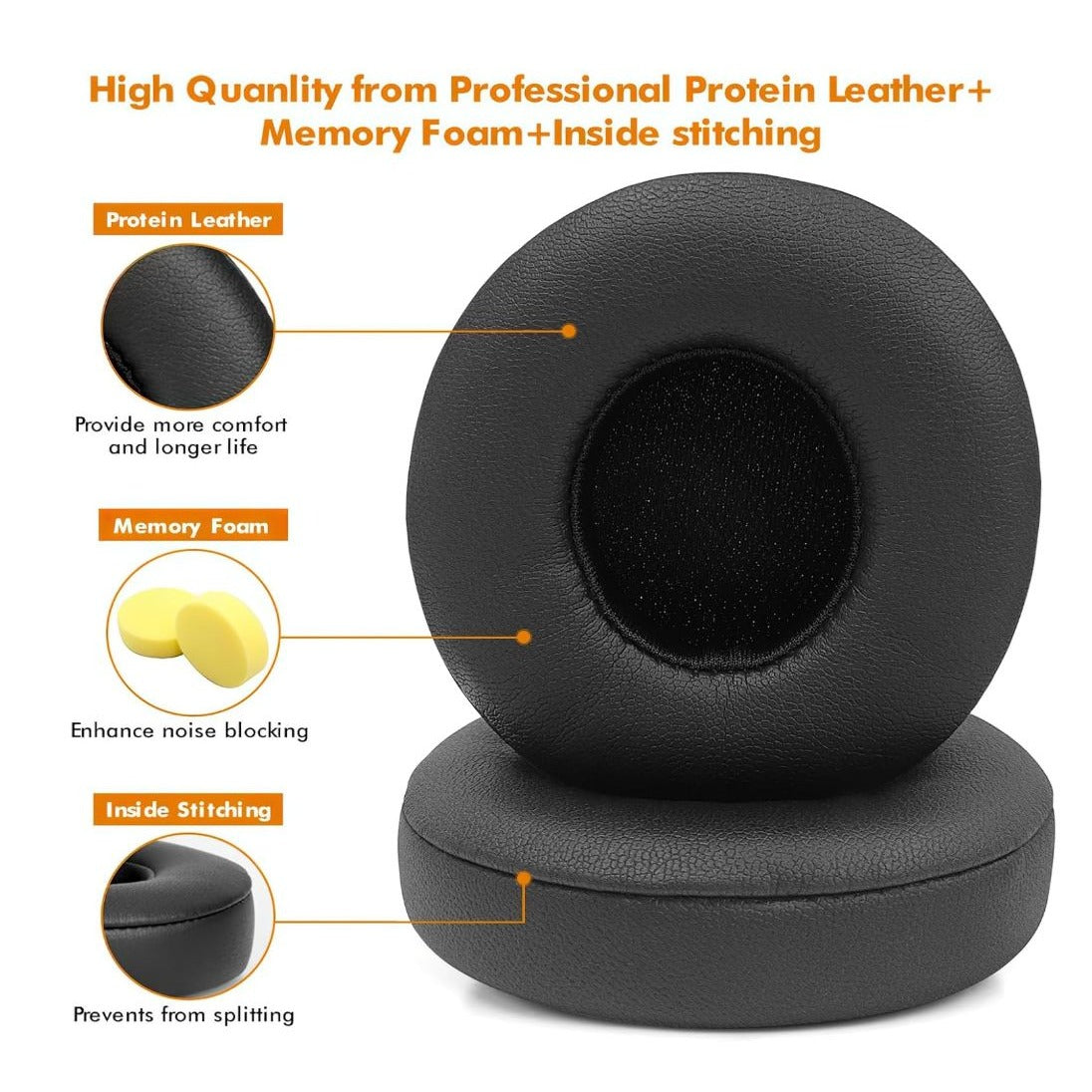 HiFan Replacement Ear Pads For Beats Solo 4 Protein Leather Soft & Durable Black