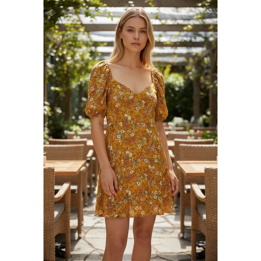 Floral Yellow Puff Sleeve Mini Dress By Lush Medium Lightweight & Flowy Romantic Fit New With Tags