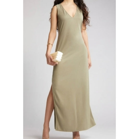 Open Edit Women's Olive Green Sleeveless Maxi Dress V-Neck Size S