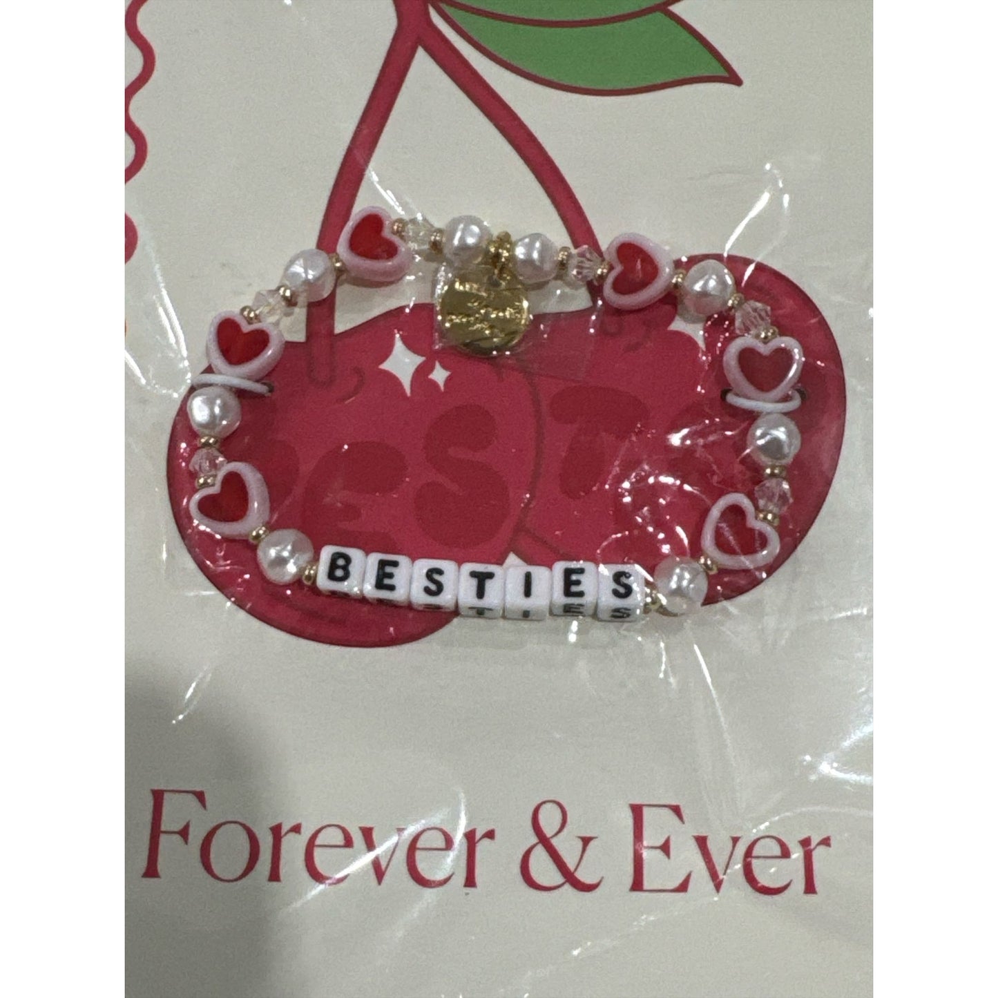 Forever & Ever "Besties" Beaded Bracelet With Heart Charms & Gold Accent New In Packaging