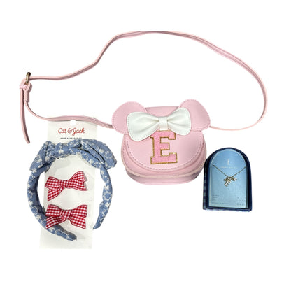 Personalized "E" Gift Set: Necklace, Pink Minnie-Inspired Bag & Bow Hair Accessories