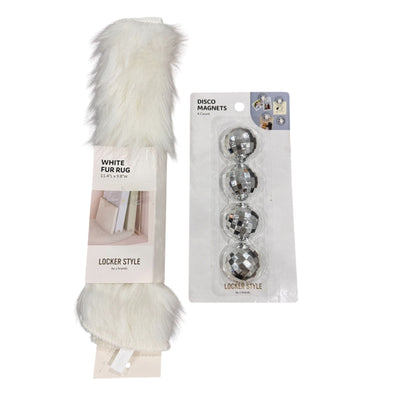 White Fur Rug 11.4"x9.8" & Disco Ball Magnets 4-Pack Locker Style By U Brands