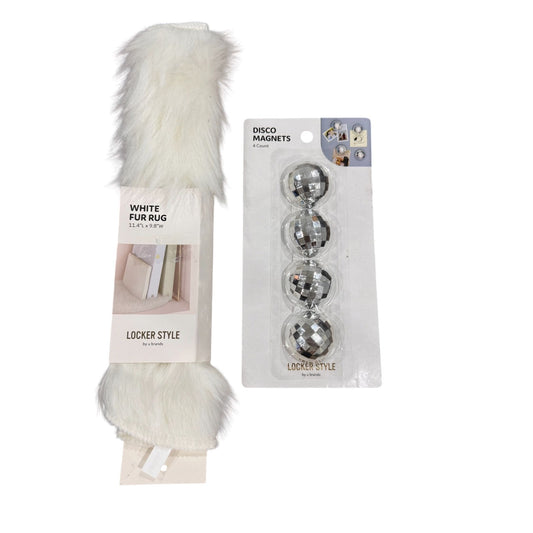 White Fur Rug 11.4"x9.8" & Disco Ball Magnets 4-Pack Locker Style By U Brands
