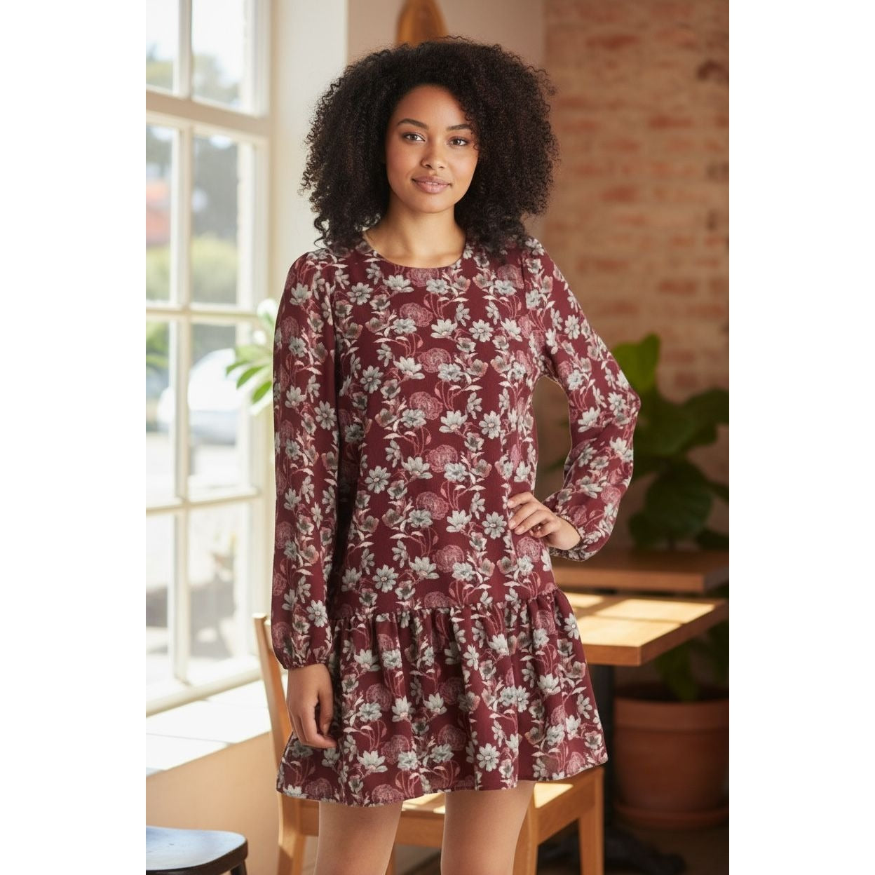 Floral Burgundy Long-Sleeve Tiered Dress By Caslon 2X Women's Lightweight Casual Style