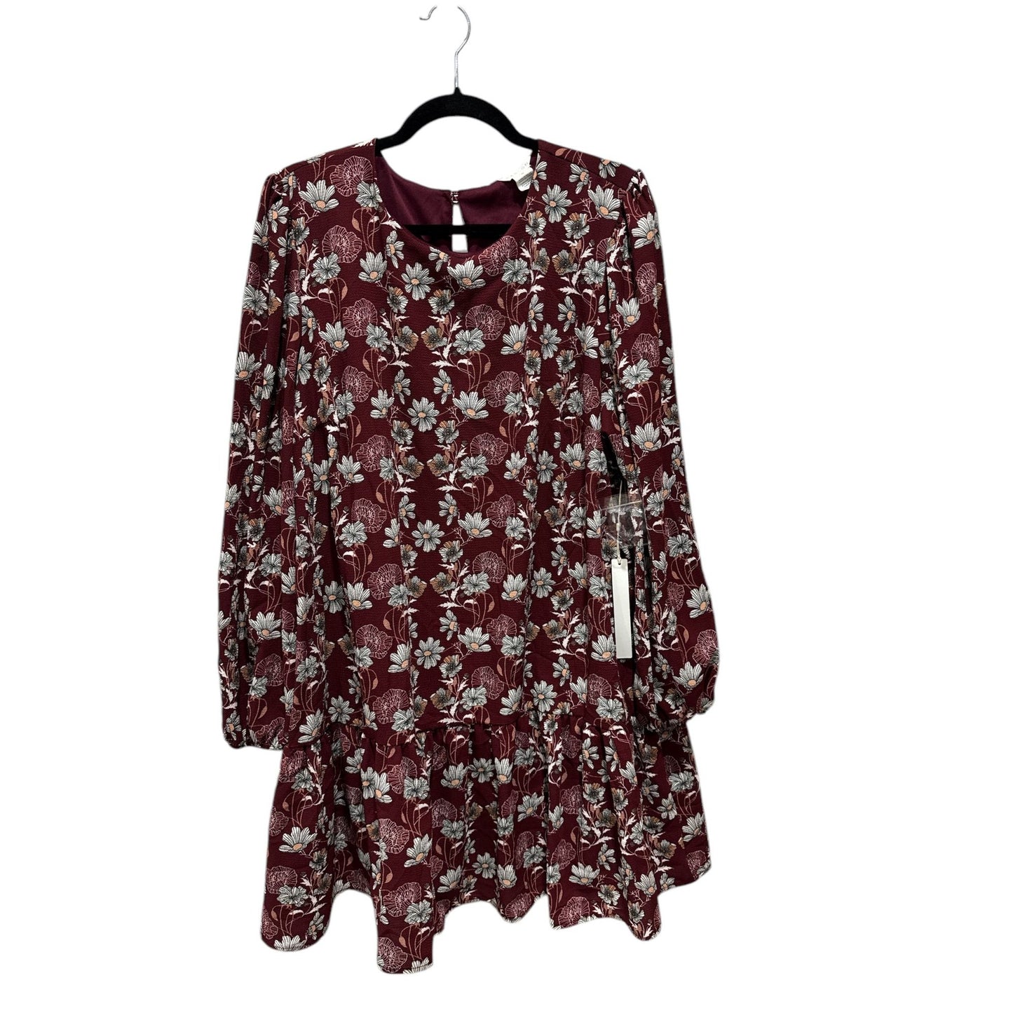 Floral Burgundy Long-Sleeve Tiered Dress By Caslon 2X Women's Lightweight Casual Style