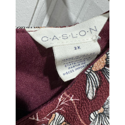 Floral Burgundy Long-Sleeve Tiered Dress By Caslon 2X Women's Lightweight Casual Style