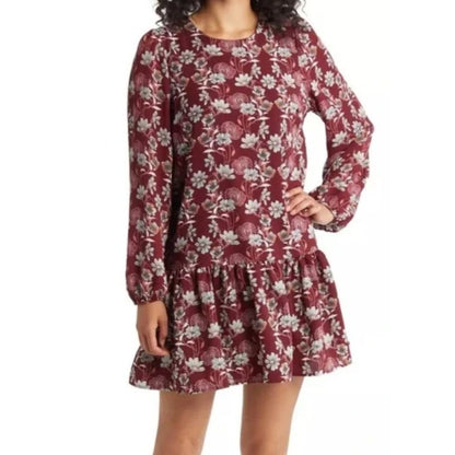 Floral Burgundy Long-Sleeve Tiered Dress By Caslon 2X Women's Lightweight Casual Style