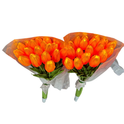 Artificial Tulip Light-Up Bouquet - 2 Bundles Of 20 Stems Orange & Yellow Realistic Faux Flowers For Home Decor Or Events
