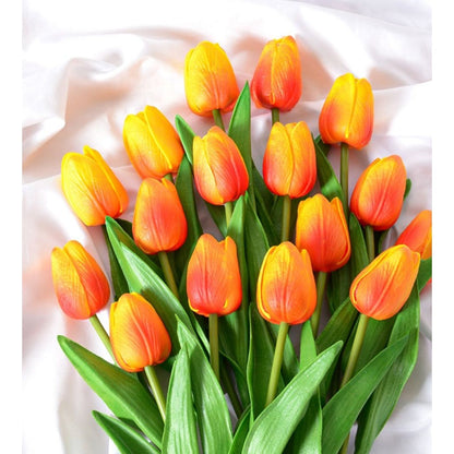 Artificial Tulip Light-Up Bouquet - 2 Bundles Of 20 Stems Orange & Yellow Realistic Faux Flowers For Home Decor Or Events