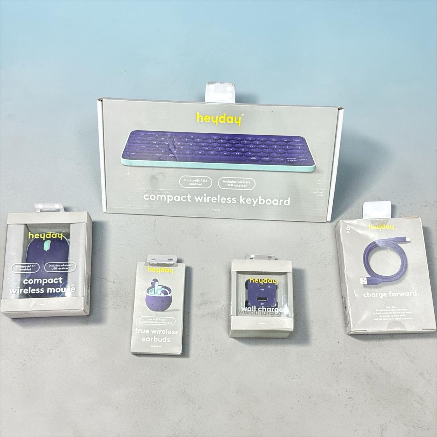 Heyday Electronics Bundle: Wireless Keyboard, Mouse, Earbuds, Wall Charger & 6ft Charging Cable - Bluetooth & USB Compatible 5pcs.