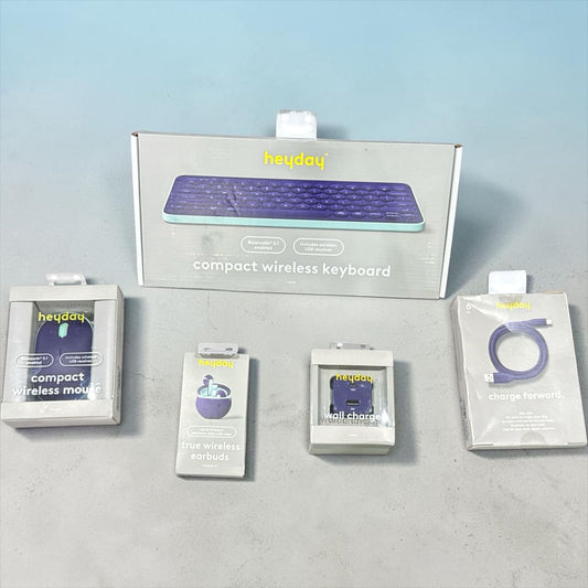 Heyday Electronics Bundle: Wireless Keyboard, Mouse, Earbuds, Wall Charger & 6ft Charging Cable - Bluetooth & USB Compatible 5pcs.